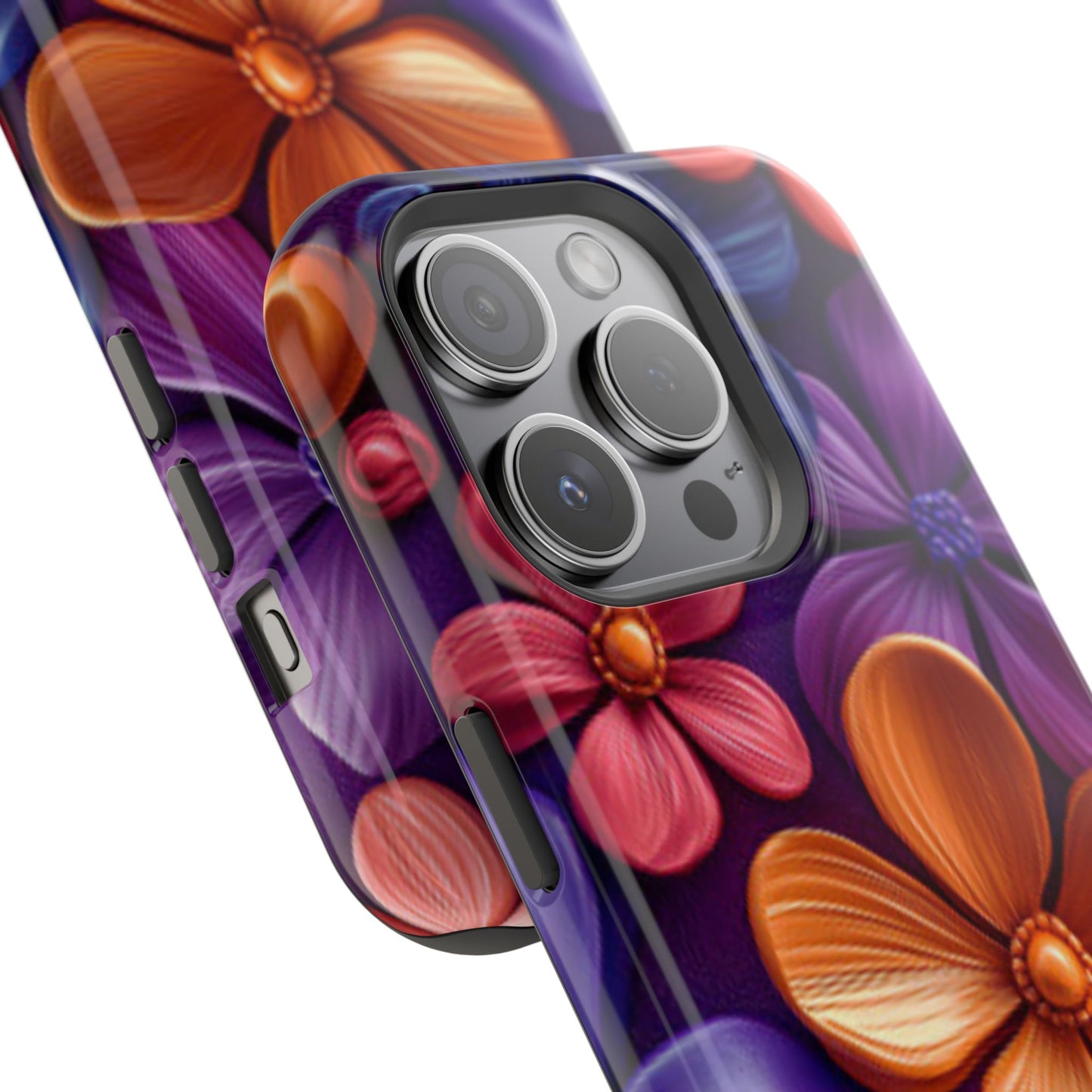 Bold Floral 3D MagSafe iPhone Case – Vivid Purple and Orange Flower Design, Shock-Resistant