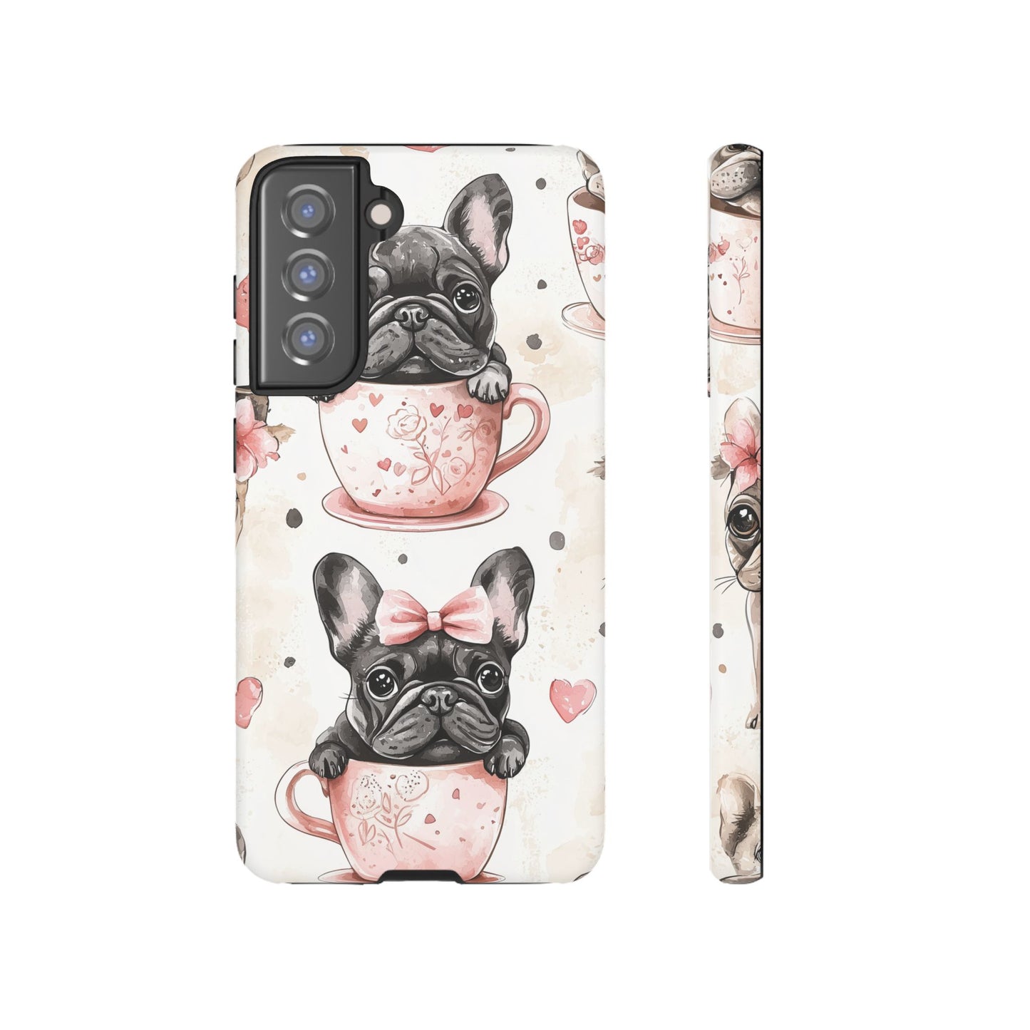 French Bulldogs in Teacups Samsung Galaxy Case – Cute Dog Design with Hearts & Bows, Shockproof & Slim