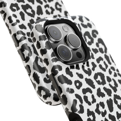 Monochrome Leopard Print Tough MagSafe iPhone Case – Classic Black and White Design with Dual-Layer Protection