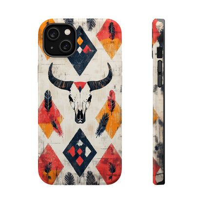 Western Bull Skull & Feathers Tough Mag Safe iPhone Case – Bold Tribal Design, Dual-Layer Protection