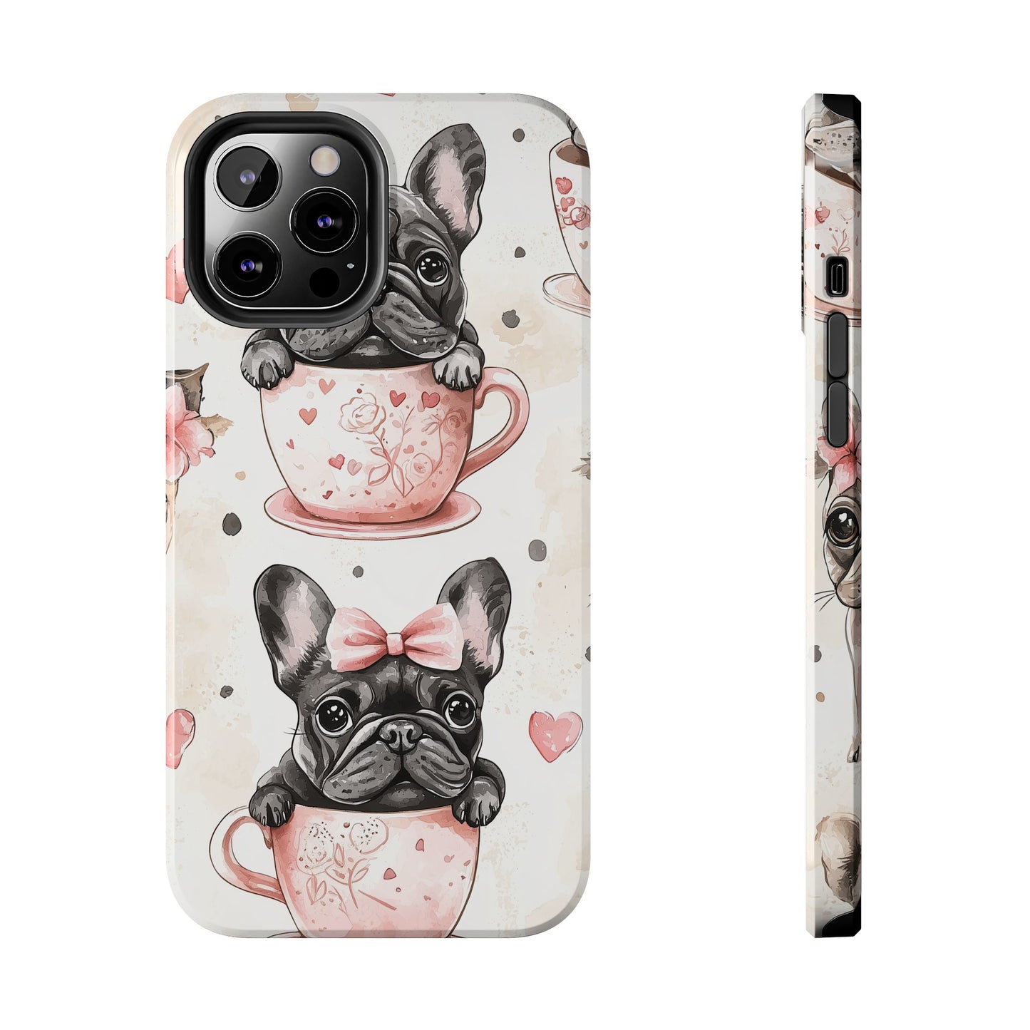 French Bulldogs in Teacups iPhone Case – Cute Dog Design with Hearts & Bows, Shockproof & Slim - BOGO Cases