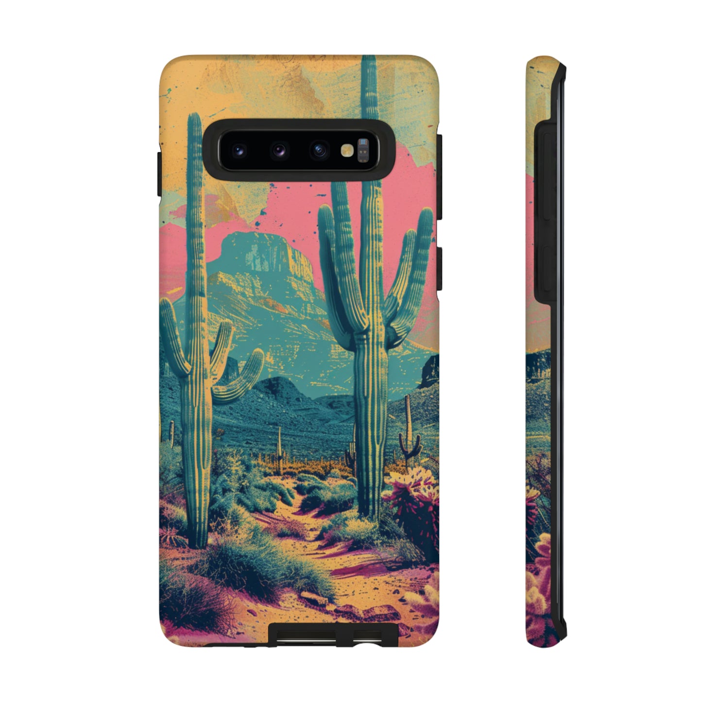 Desert Oasis Retro Cactus Phone Case - Vibrant Sunset Landscape for iPhone 15/14/13/12, Samsung S24/S23/S22/S21, & Google Pixel