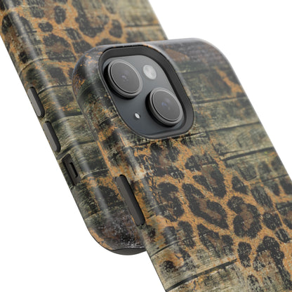 Rustic Wood and Leopard Print Tough MagSafe iPhone Case – Distressed Western Design with Dual-Layer Protection