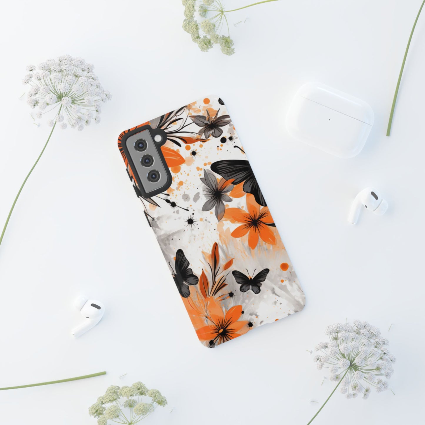 Orange Blossom & Black Butterfly Samsung Galaxy Case – Bold Floral Pattern with Modern Abstract Style