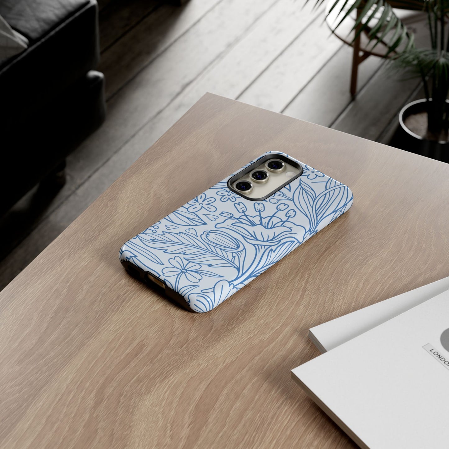 Dusty Blue Floral Line Art Tough Samsung Galaxy Case – Minimalist Botanical Design with Dual-Layer Protection