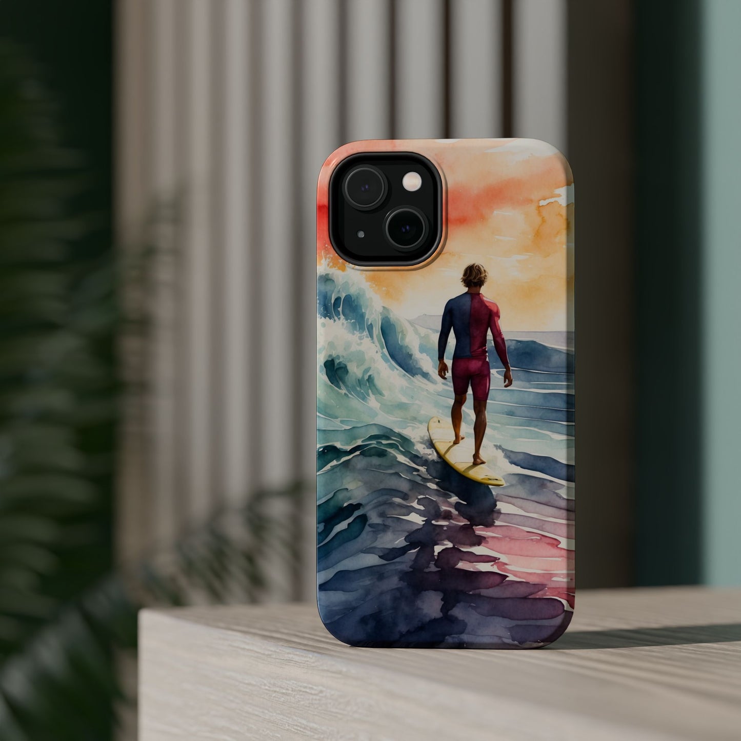 Surfer’s Sunset Wave MagSafe iPhone Case – Vibrant Watercolor Design