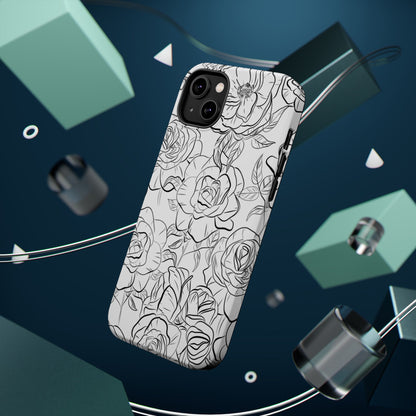 Monochrome Rose Garden Tough MagSafe iPhone Case – Elegant Floral Line Art with Dual-Layer Protection