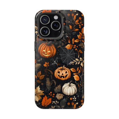 Elegant Halloween MagSafe iPhone Case – Pumpkin Jack-o'-Lanterns, Cobwebs & Autumn Foliage Design