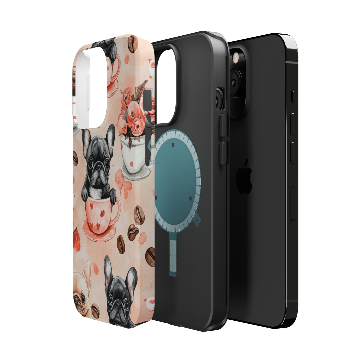 French Bulldogs in Heart Teacups MagSafe iPhone Case – Cute Dog & Floral Design, Shockproof Protection