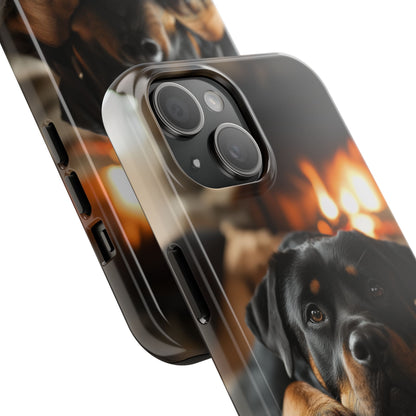 Cozy Rottweiler by the Fireplace iPhone Case – Warm Rustic Design