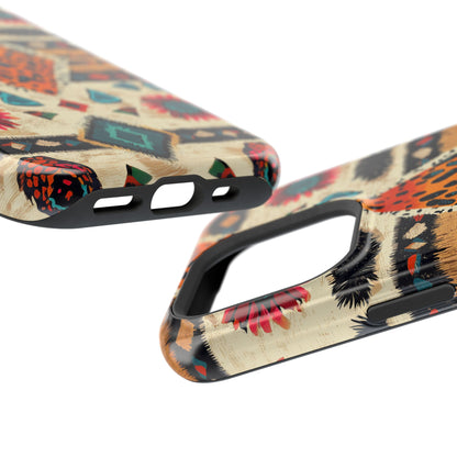 Wild Boho Leopard Print & Floral Tough MagSafe iPhone Case – Eclectic Tribal Design, Dual-Layer Protection