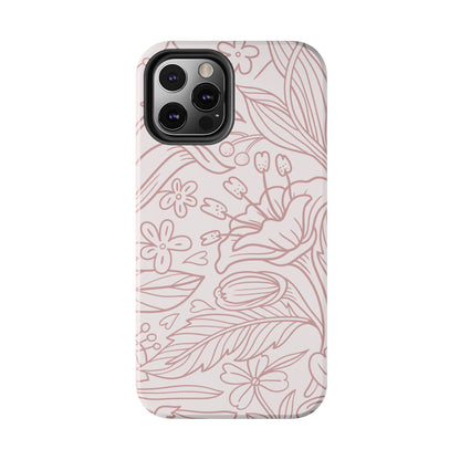 Blush Floral Line Art Tough iPhone Case – Delicate Minimalist Design with Dual-Layer Protection