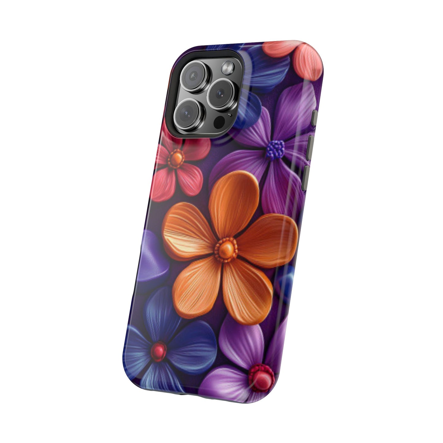 Bold Floral 3D MagSafe iPhone Case – Vivid Purple and Orange Flower Design, Shock-Resistant