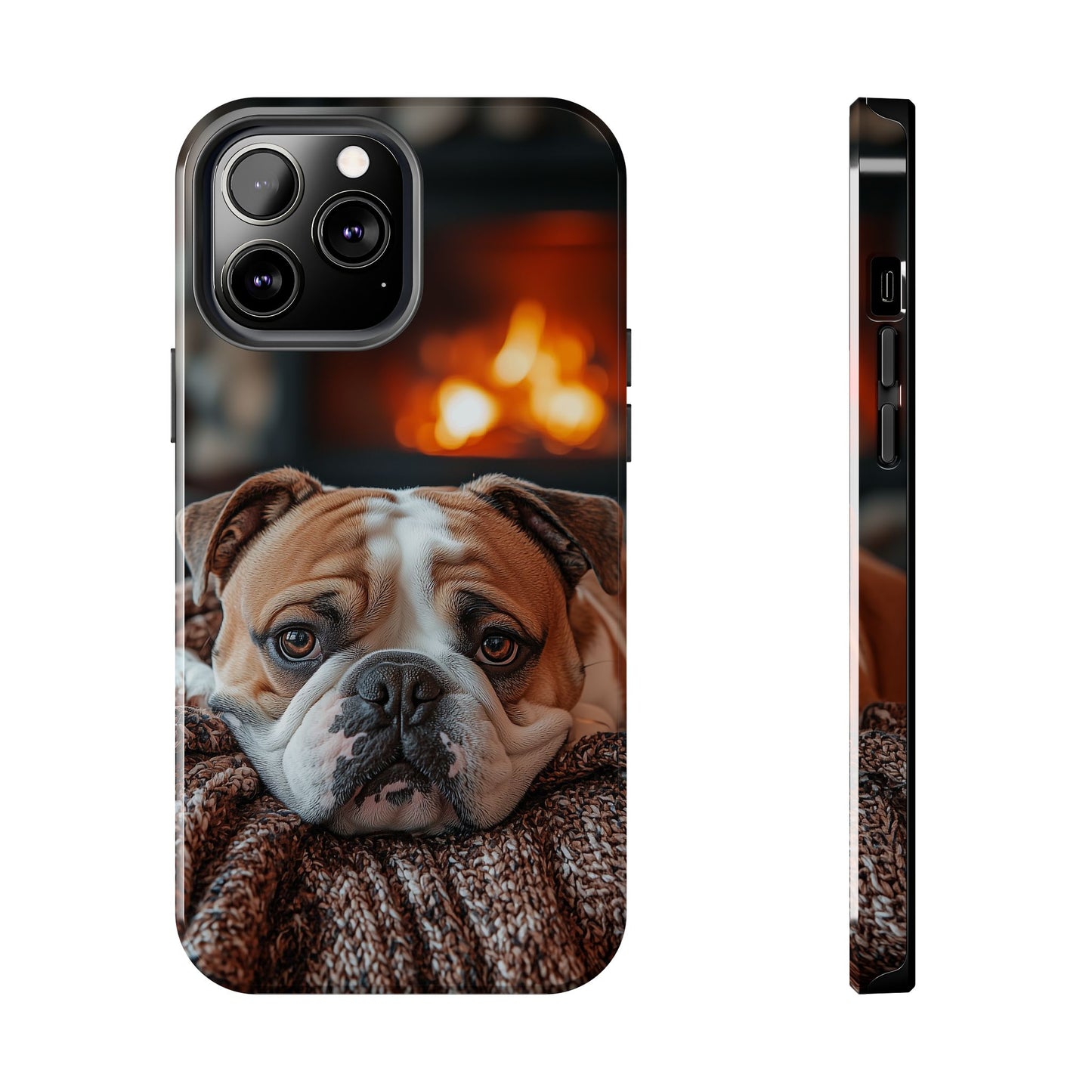 Cozy Bulldog iPhone Case – Fireside-Inspired Protective Cover Description: