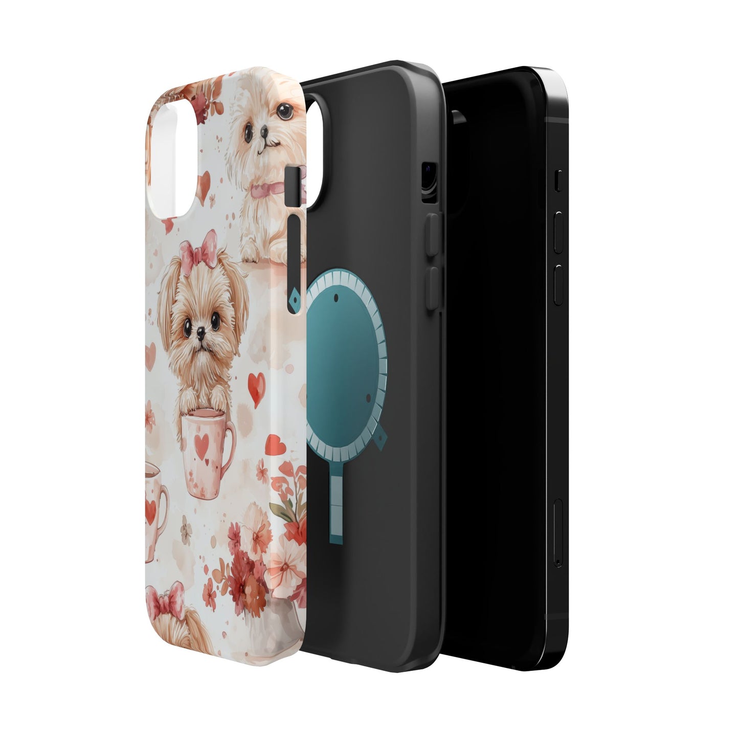 Puppies & Heart Mugs MagSafe iPhone Case – Sweet Dog & Floral Design, Shockproof & Slim