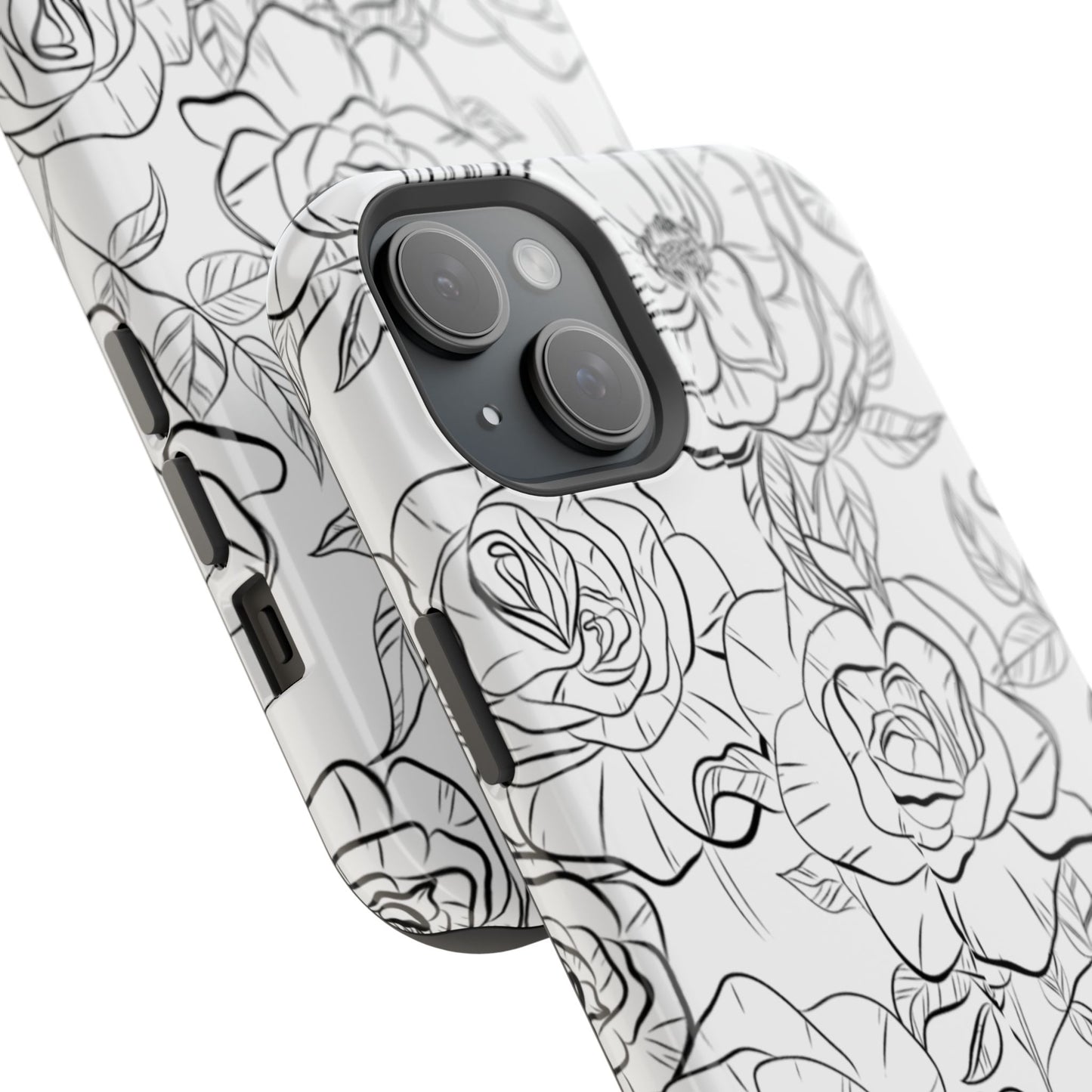 Monochrome Rose Garden Tough MagSafe iPhone Case – Elegant Floral Line Art with Dual-Layer Protection