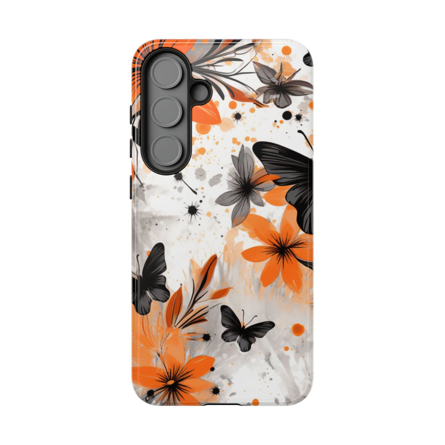 Orange Blossom & Black Butterfly Samsung Galaxy Case – Bold Floral Pattern with Modern Abstract Style