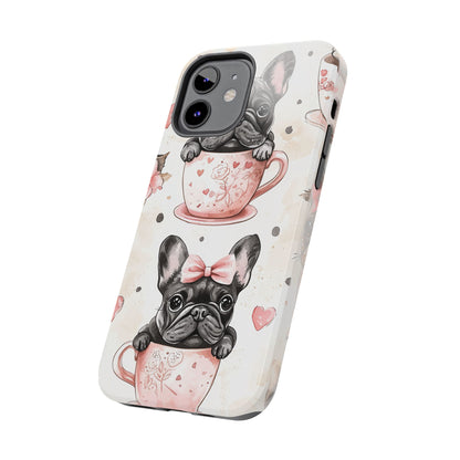 French Bulldogs in Teacups iPhone Case – Cute Dog Design with Hearts & Bows, Shockproof & Slim - BOGO Cases