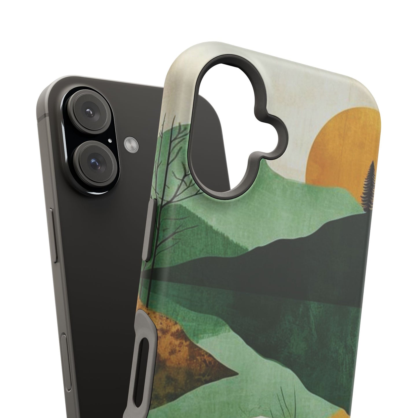 Retro Mountain Sunrise MagSafe iPhone Case – Minimalist Landscape Design, Dual-Layer Protection