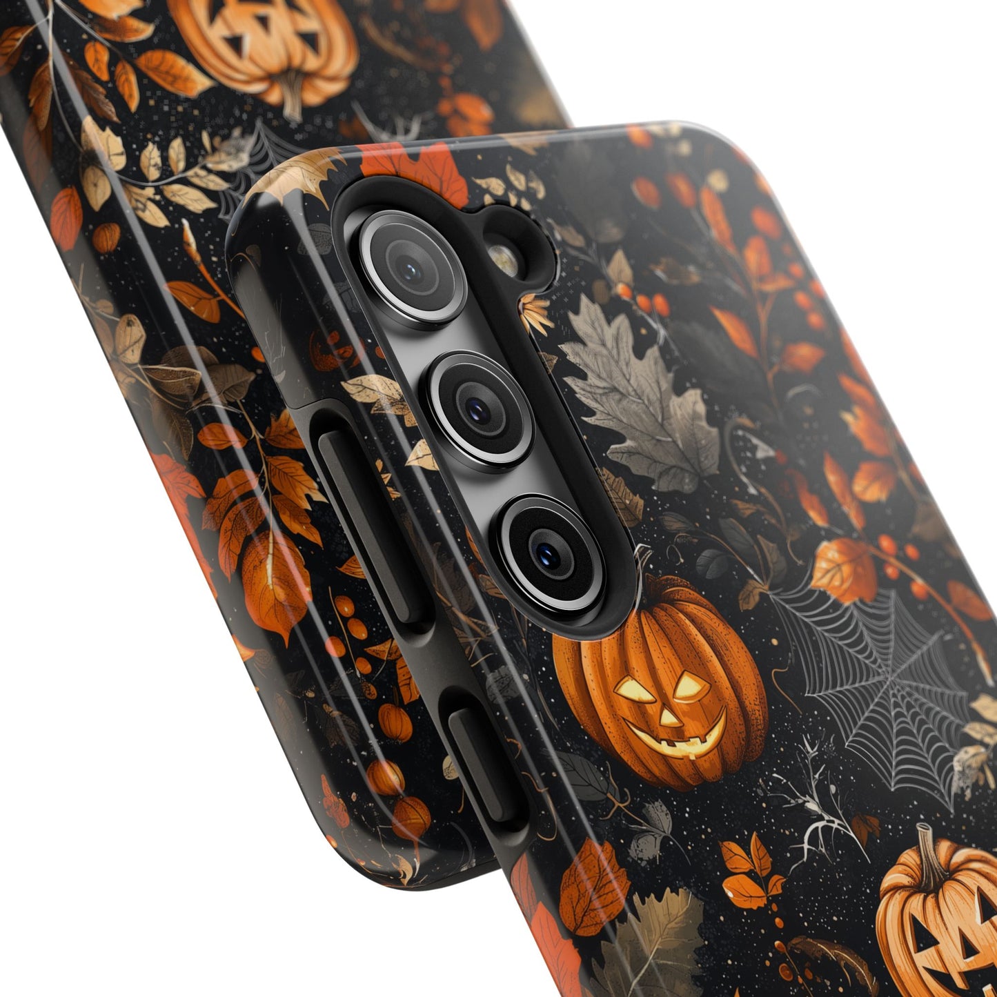 Elegant Halloween Samsung Galaxy  Case – Pumpkin Jack-o'-Lanterns, Cobwebs & Autumn Foliage Design