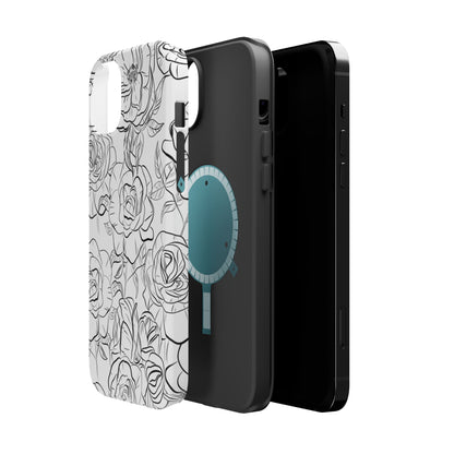 Monochrome Rose Garden Tough MagSafe iPhone Case – Elegant Floral Line Art with Dual-Layer Protection