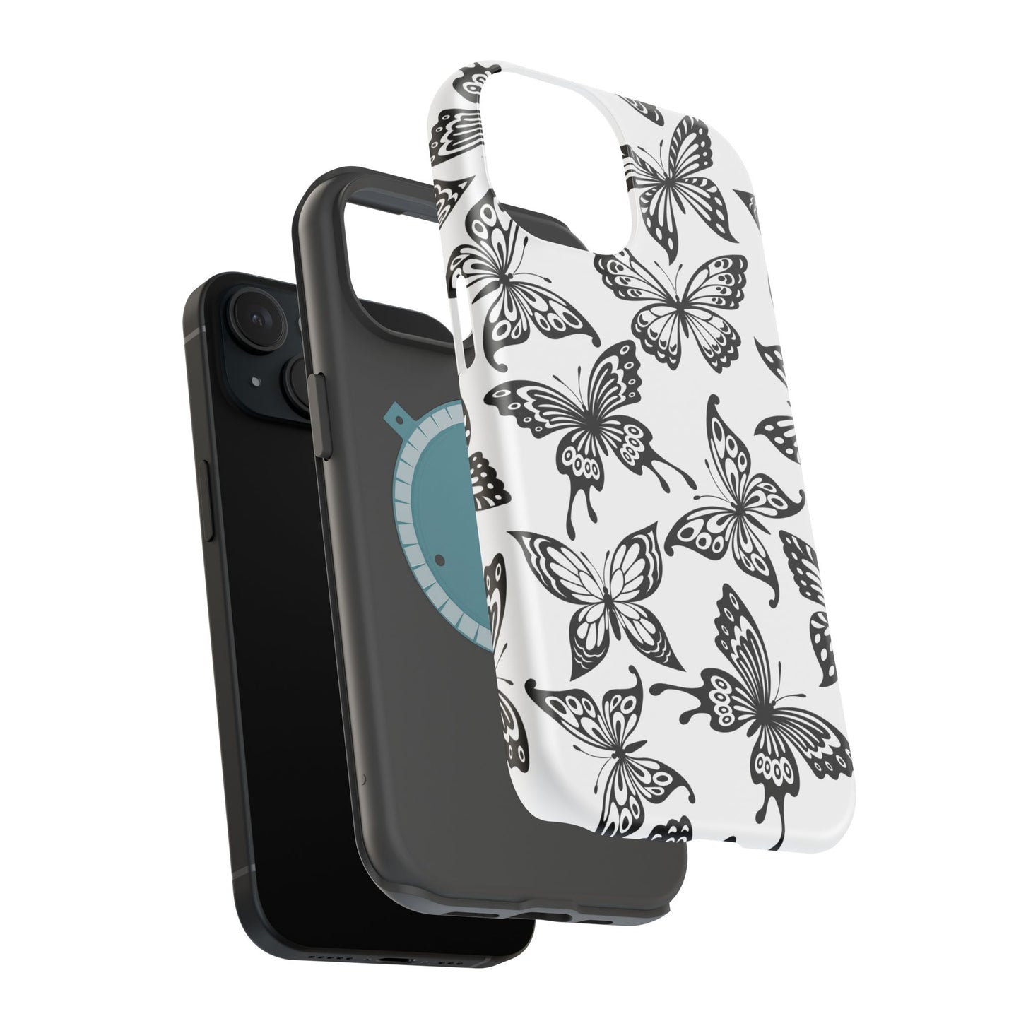 Monochrome Butterfly Pattern Tough MagSafe Case – Dual-Layer Protection with Matte Finish