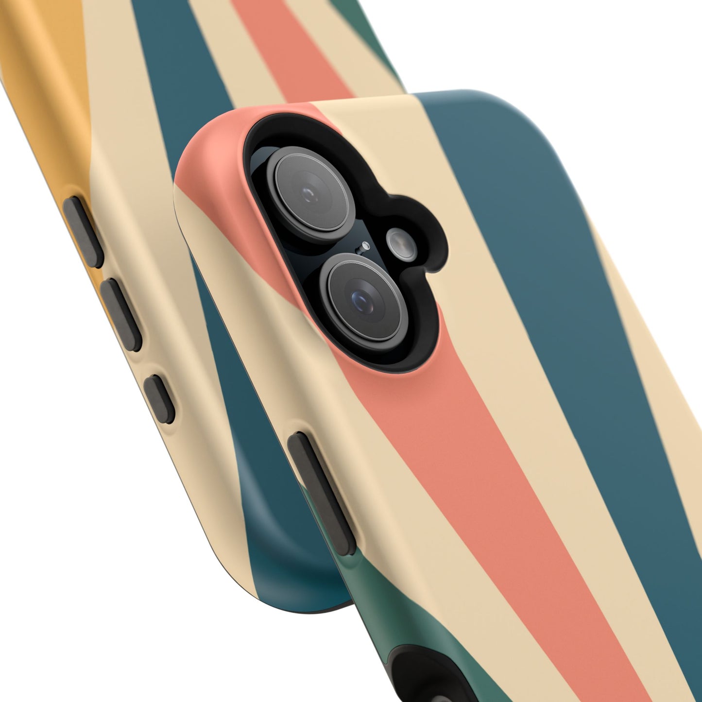 Retro Sunbeam MagSafe iPhone Case – 70s-Inspired Radiating Stripes in Coral, Teal, and Mustard