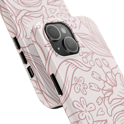 Blush Floral Line Art Tough iPhone Case – Delicate Minimalist Design with Dual-Layer Protection