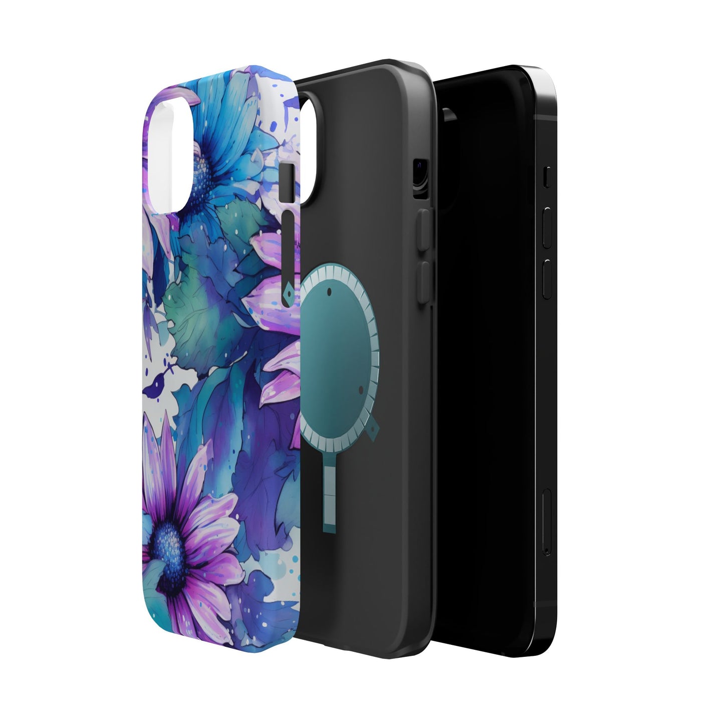 Purple & Teal Watercolor Floral MagSafe iPhone Case - Artistic Flower Design