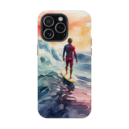 Surfer’s Sunset Wave MagSafe iPhone Case – Vibrant Watercolor Design