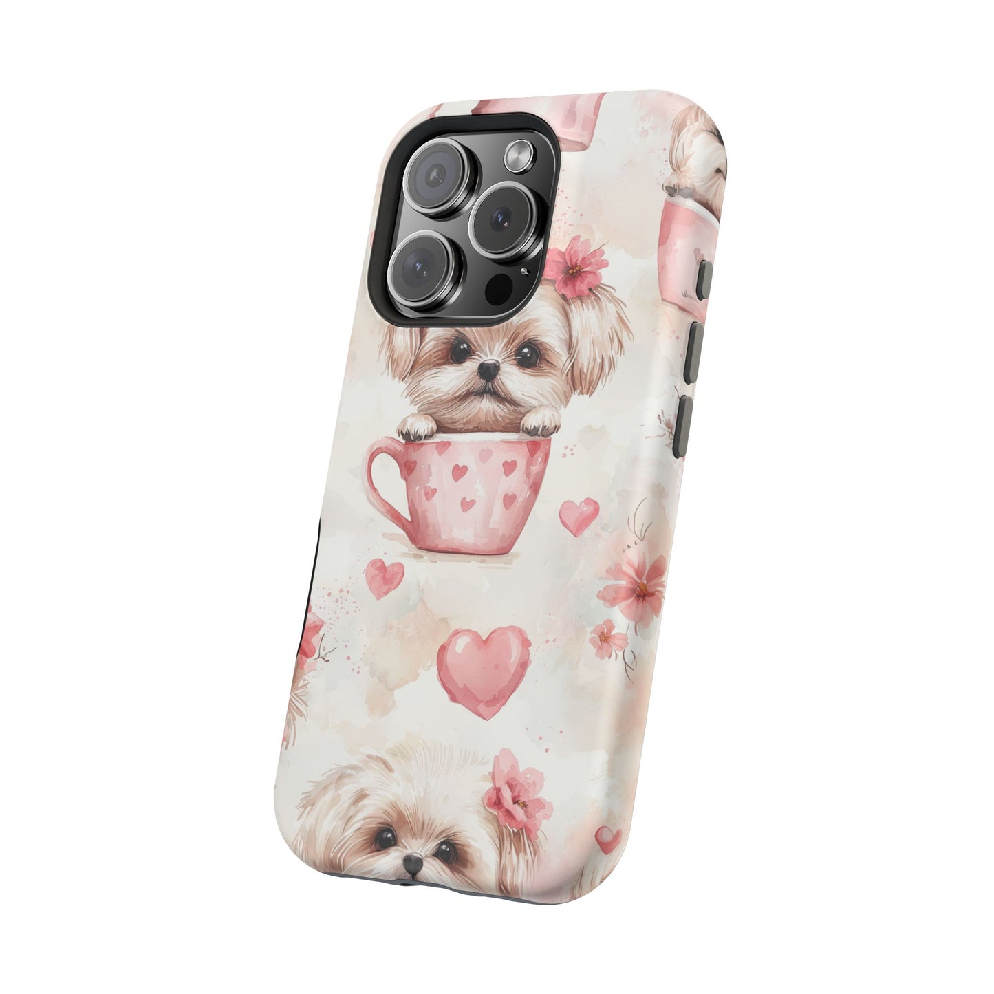 Floral Puppy in Teacup MagSafe iPhone Case – Cute Pink Flower Design, Tough Dual-Layer Protection