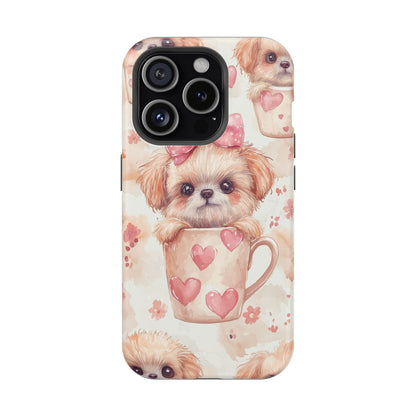 Adorable Puppy in Teacup MagSafe iPhone Case – Tough, Dual-Layer Protection with Cute Pink Bow Design