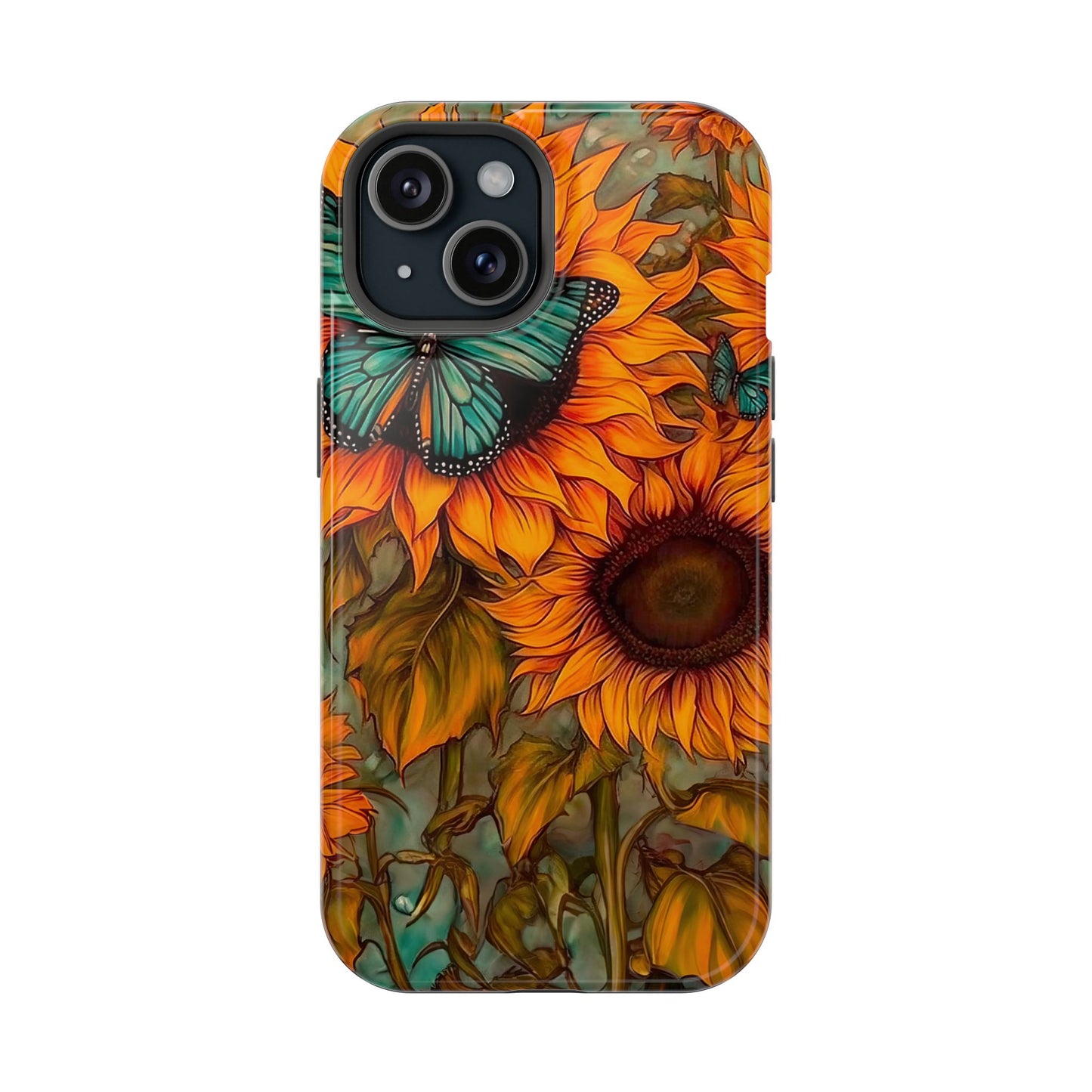 Vintage Blue Butterfly & Sunflower Art – MagSafe iPhone Case