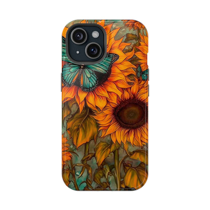 Vintage Blue Butterfly & Sunflower Art – MagSafe iPhone Case