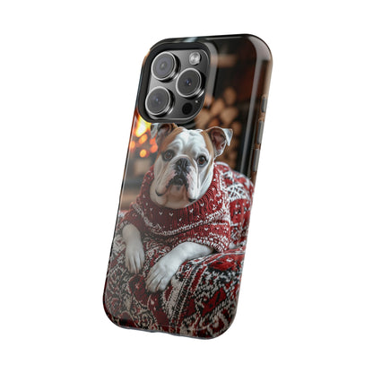 Cozy Bulldog in Sweater MagSafe iPhone Case – Festive Fireplace Protective Cover