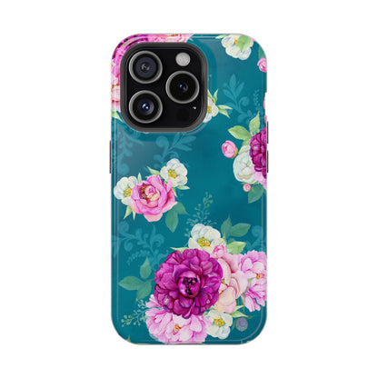 Elegant Peony Bouquet MagSafe iPhone Case – Deep Teal Background with Romantic Floral Design