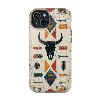 Tribal Bull Skull & Arrows Tough MagSafe iPhone Case – Rustic Western Design, Dual-Layer Protection