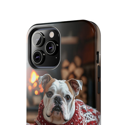 Cozy Bulldog in Sweater iPhone Case – Festive Fireplace Protective Cover