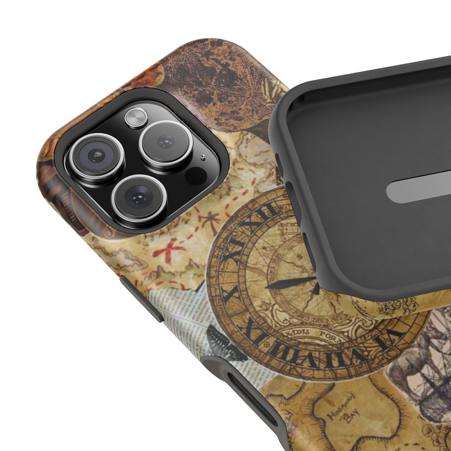 Steampunk Vintage Adventure MagSafe iPhone Case – Dual-Layer Protection with Antique Map and Clock Design