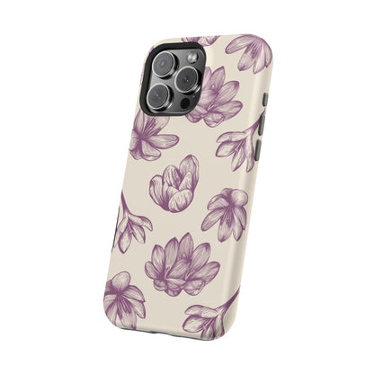 Vintage Botanical Floral Tough MagSafe iPhone Case – Hand-Drawn Purple Flowers, Shockproof Design