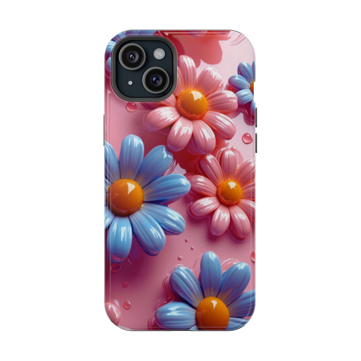 Pastel Daisy 3D MagSafe iPhone Case – Glossy Pink and Blue Floral Design, Full Protection