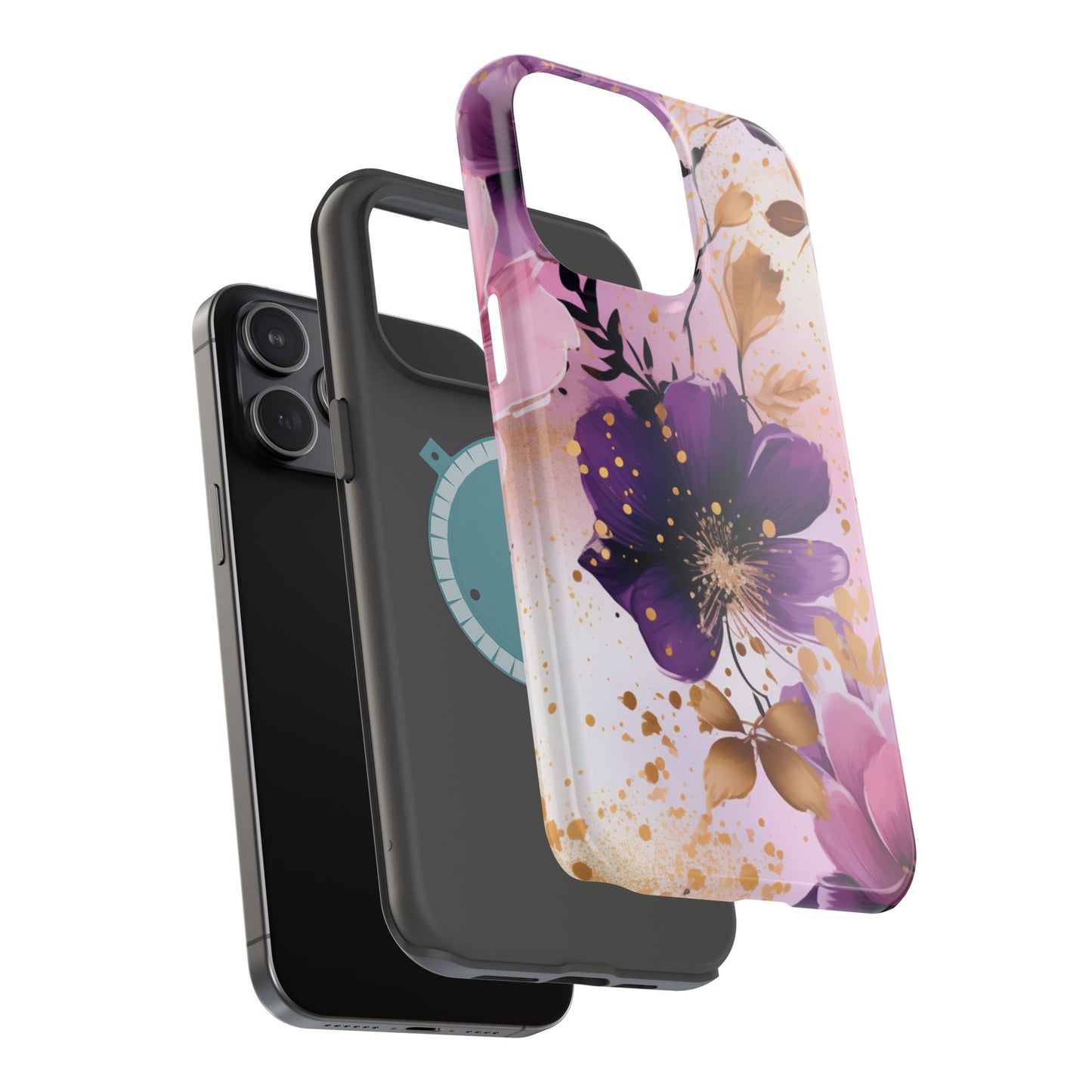 Elegant Purple & Gold Floral MagSafe iPhone Case - Luxe Flower Design