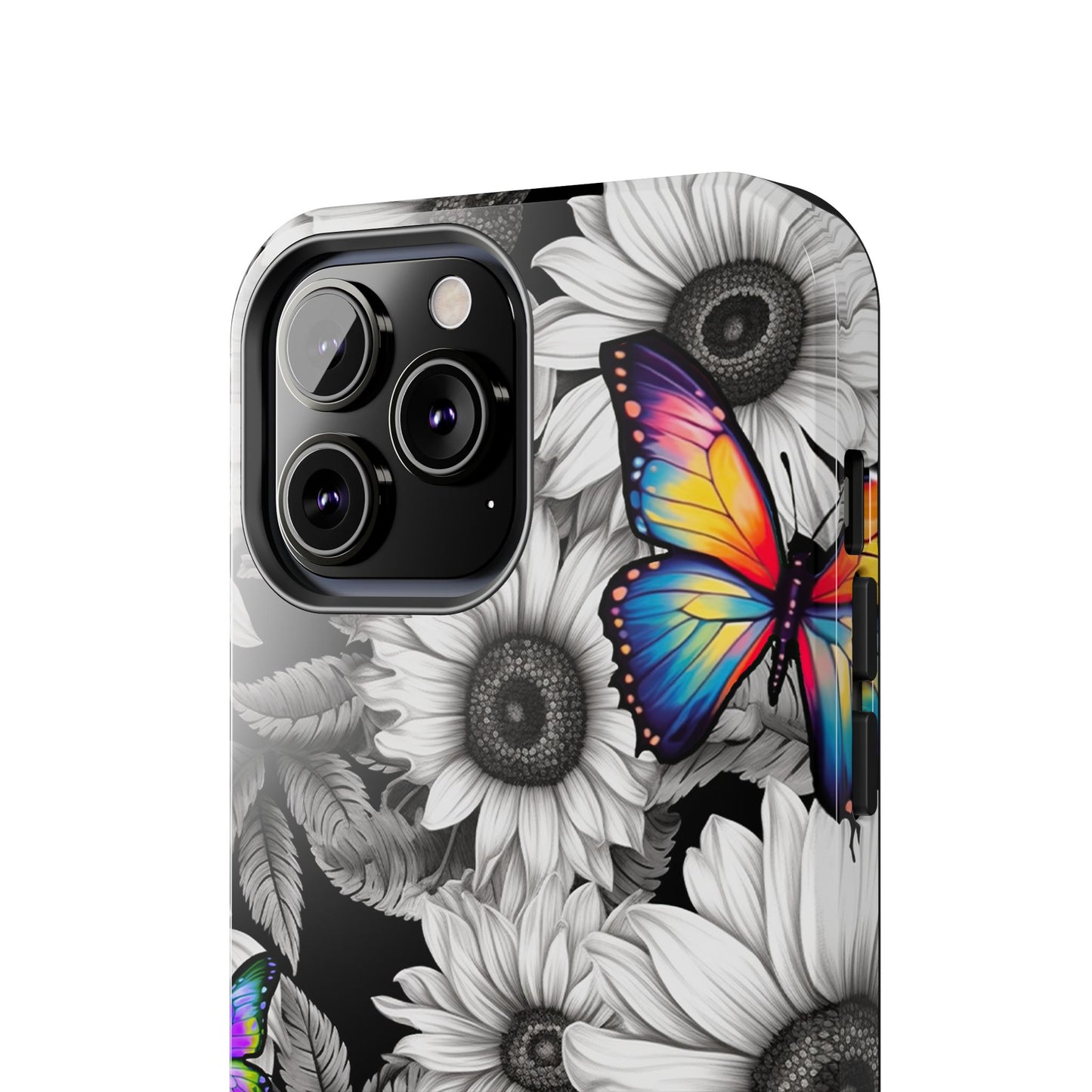 Rainbow Butterflies & Monochrome Sunflowers – iPhone Case