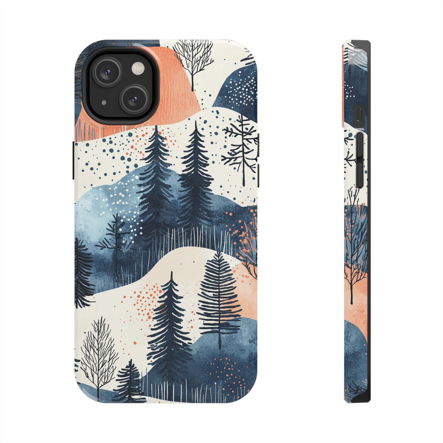 Serene Winter Forest iPhone Case – Tough Protective Cover with Watercolor Pine Tree Covered Mountains - BOGO Cases