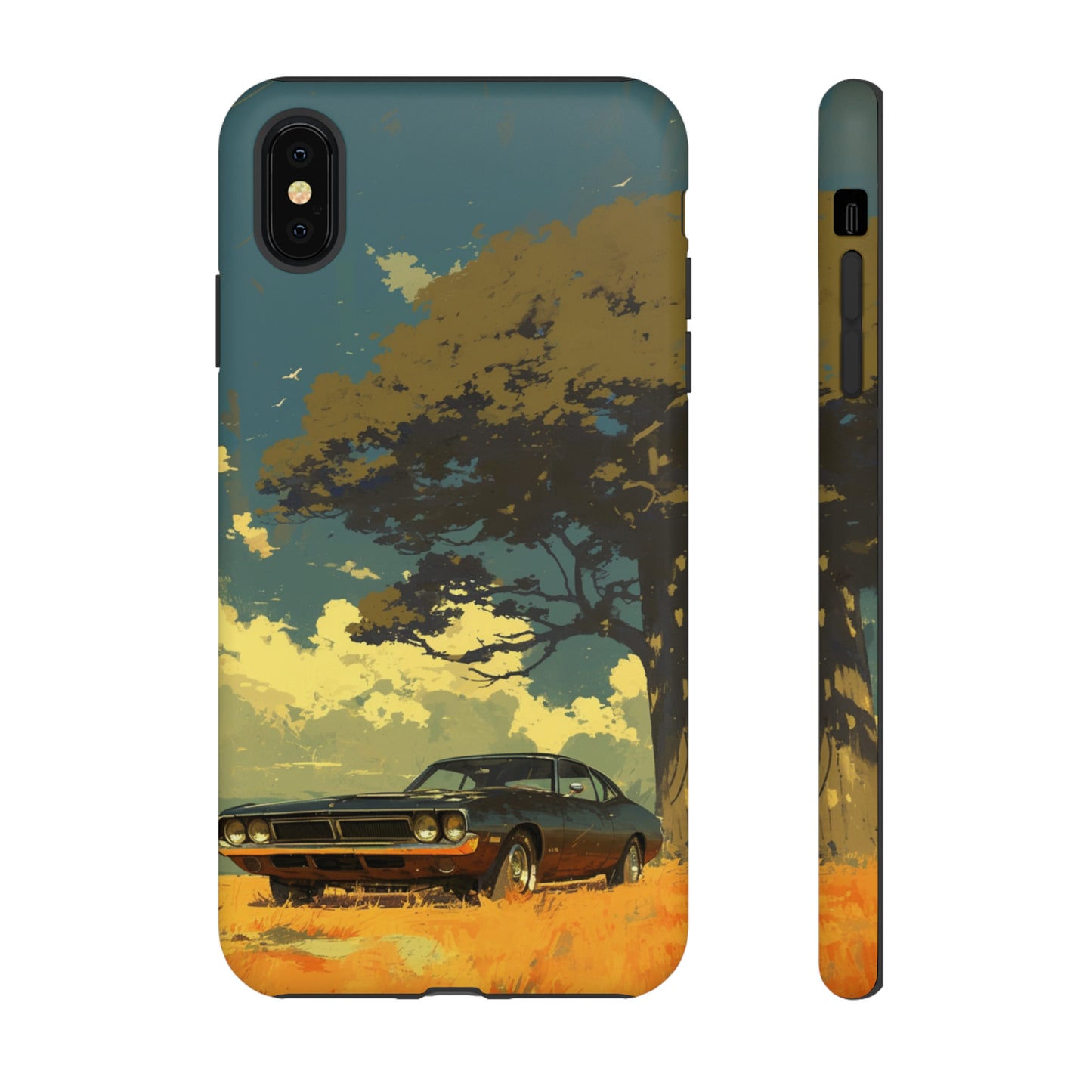 Retro Road Trip: Vintage Plymouth Hemi and Sunset Silhouette Phone Case For iPhone, Samsung Galaxy, & Google Pixel Phones