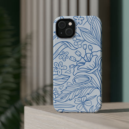 Dusty Blue Floral Line Art Tough MagSafe iPhone Case – Minimalist Botanical Design with Dual-Layer Protection