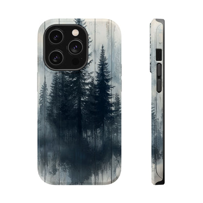 Rustic Pine Forest MagSafe iPhone Case - Blue Toned Woodland Design