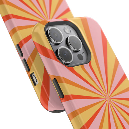 Bold Retro Sunburst MagSafe iPhone Case – Vibrant 70s-Inspired Rays in Orange, Pink, and Yellow