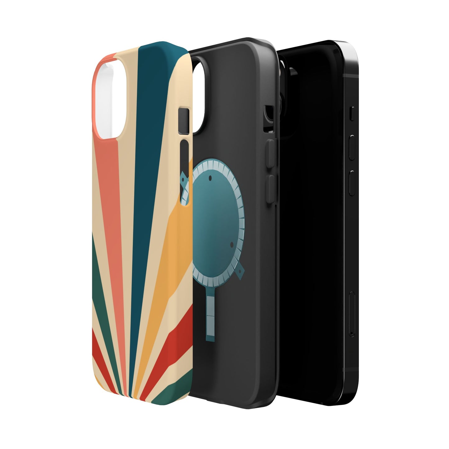 Retro Sunbeam MagSafe iPhone Case – 70s-Inspired Radiating Stripes in Coral, Teal, and Mustard