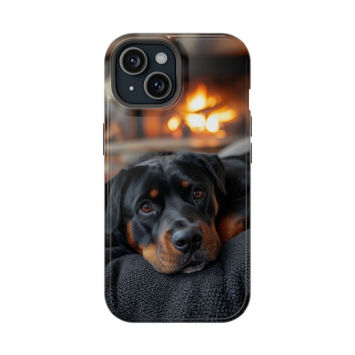 Charming Rottweiler by the Fireplace MagSafe iPhone Case – Cozy & Functional Design